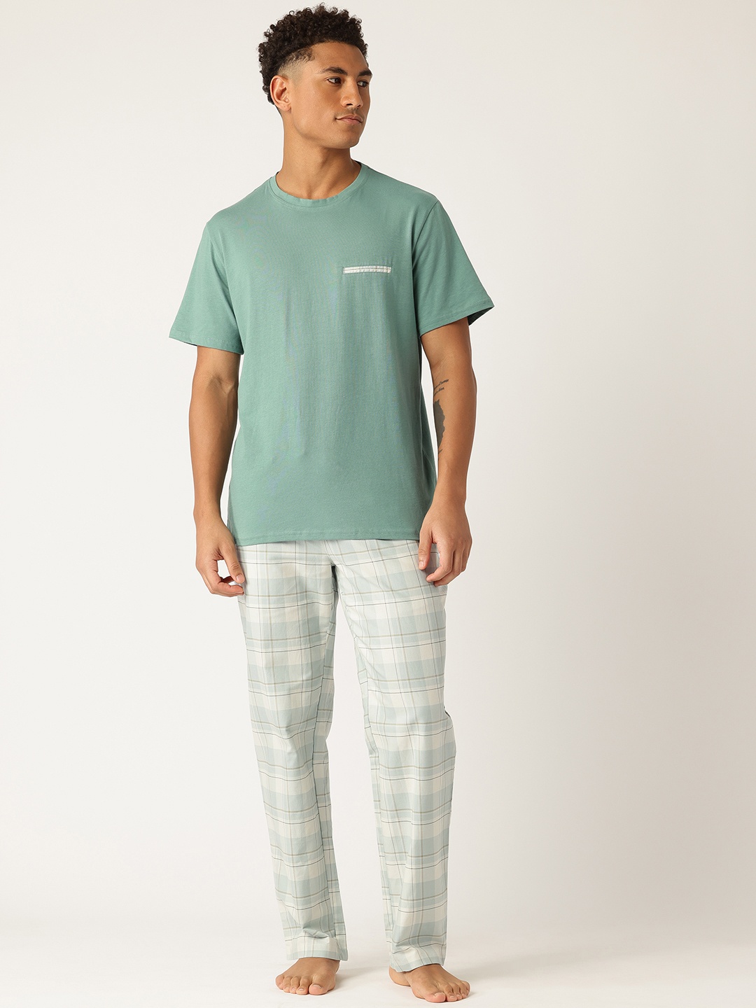 

ETC Men Checked Pure Cotton Night Suit, Green