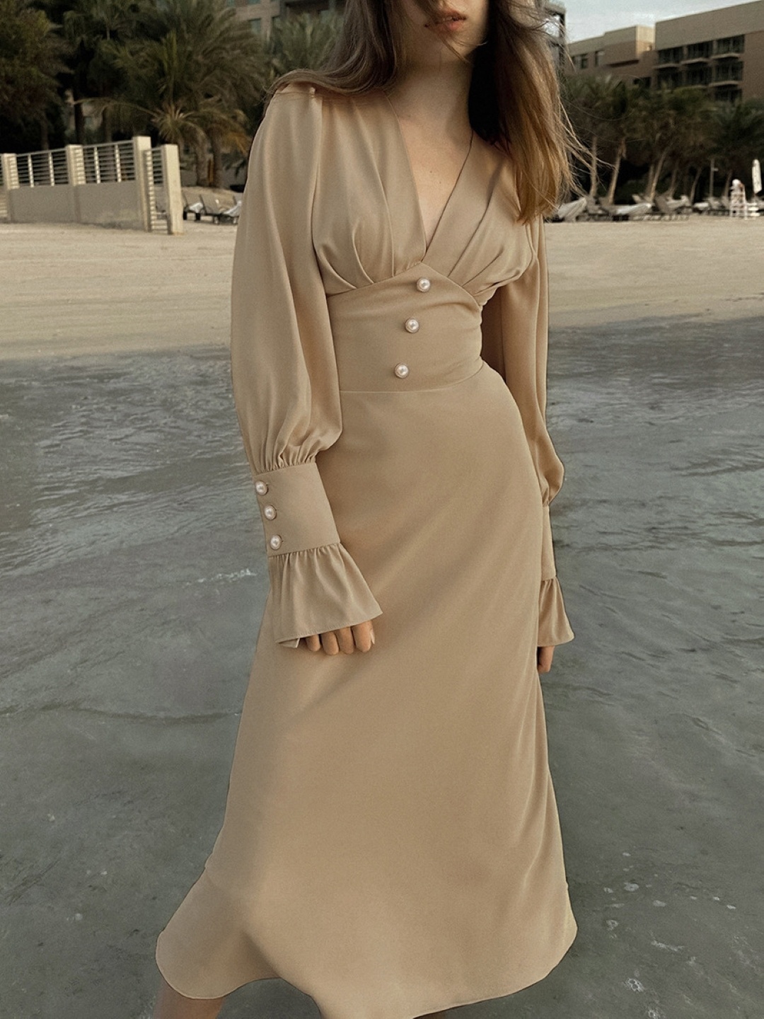 

KPOP Bell Sleeve A-Line Maxi Dress, Brown