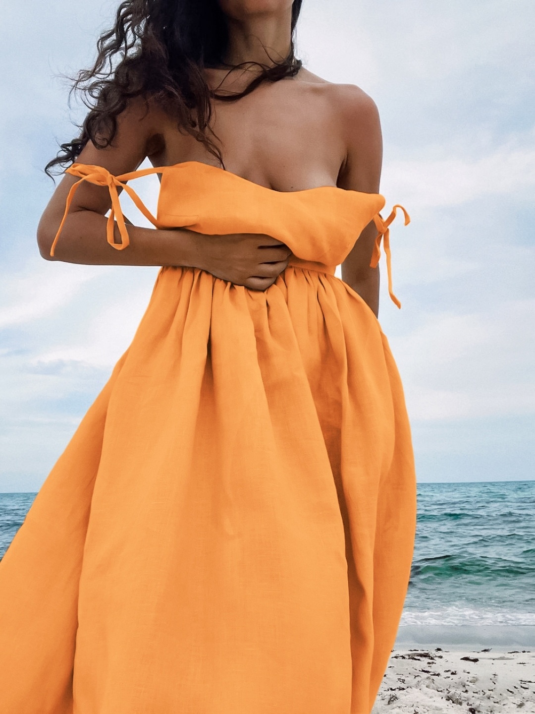 

KPOP Women Shoulder Straps Solid Sleeveless Cotton A-Line Dress, Orange