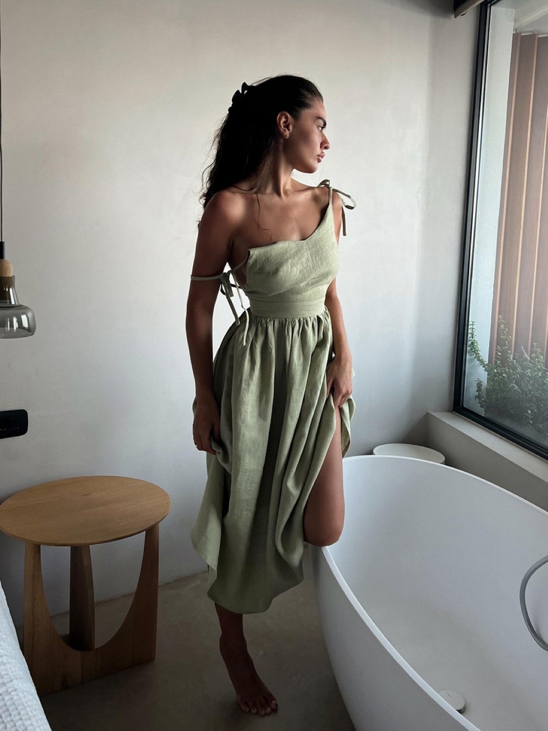 

KPOP Women Solid Shoulder Straps Sleeveless A-Line Midi Dress, Green