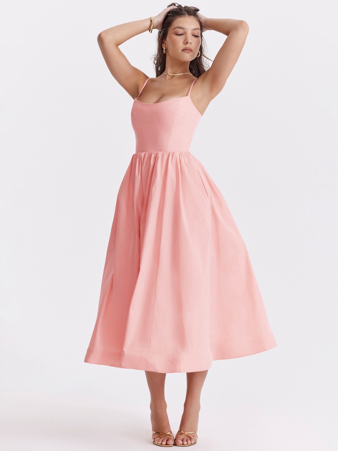 

KPOP Shoulder Straps Fit and Flare Midi Solid Dress, Pink