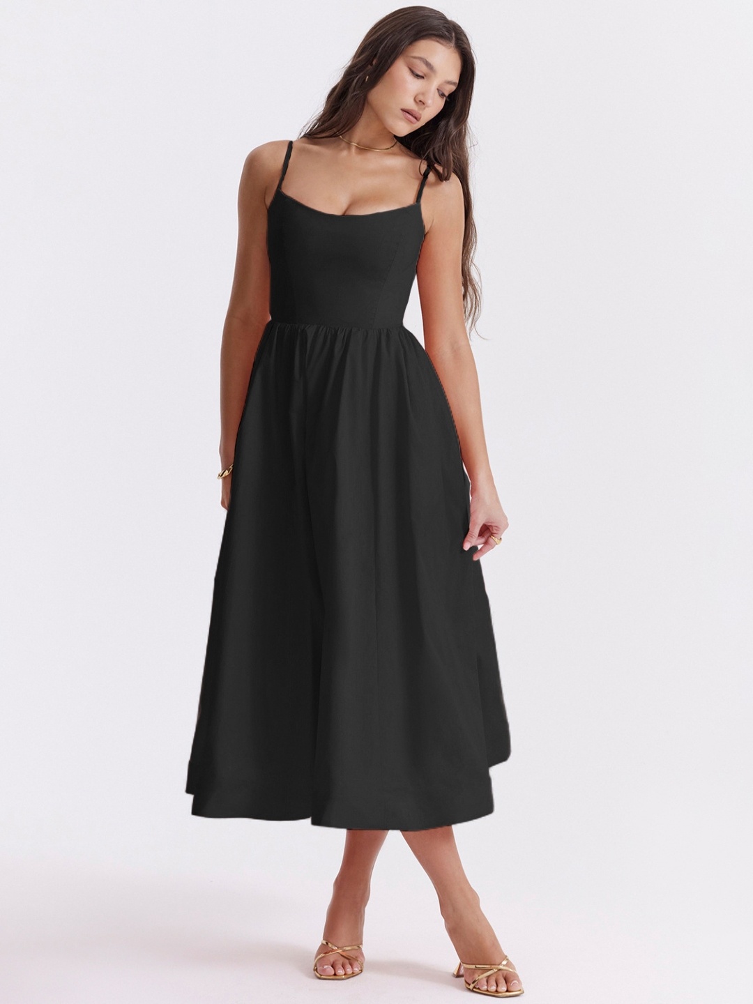 

KPOP Women's Shoulder Straps Solid Sleeveless A-Line Midi Dress, Black