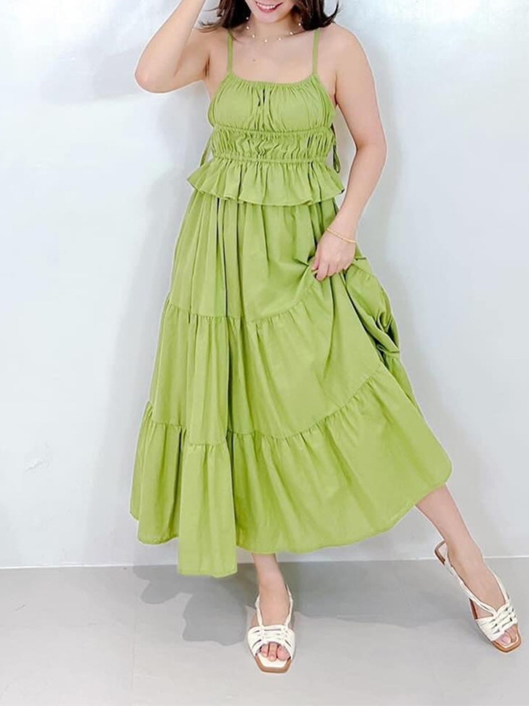 

KPOP Women Shoulder Straps Tiered Maxi Dress, Green