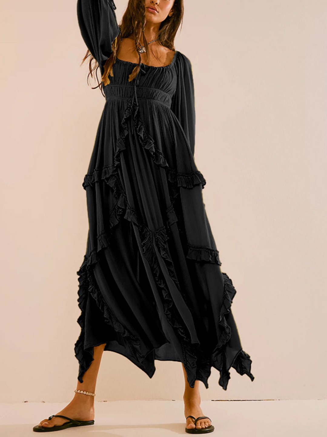 

KPOP Women Puff Sleeve Square Neck Solid Polyester A-Line Maxi Dress, Black