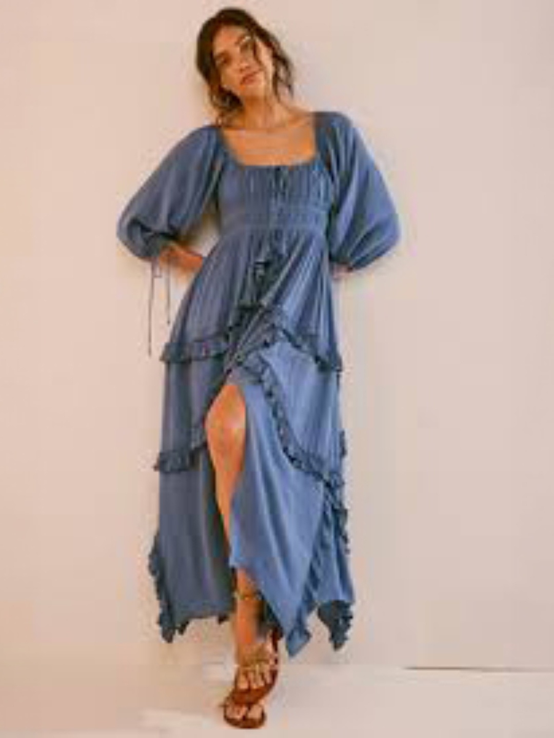 

KPOP Women Puff Sleeve A-Line Maxi Dress, Navy blue