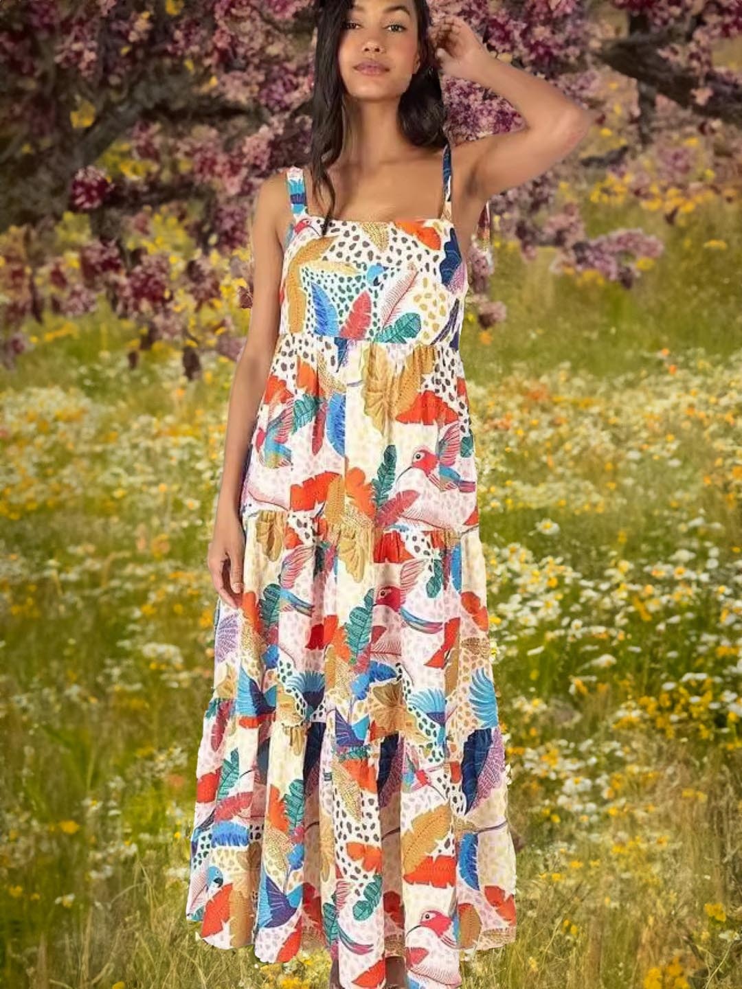 

KPOP Tropical Printed Tiered Maxi Dress, White