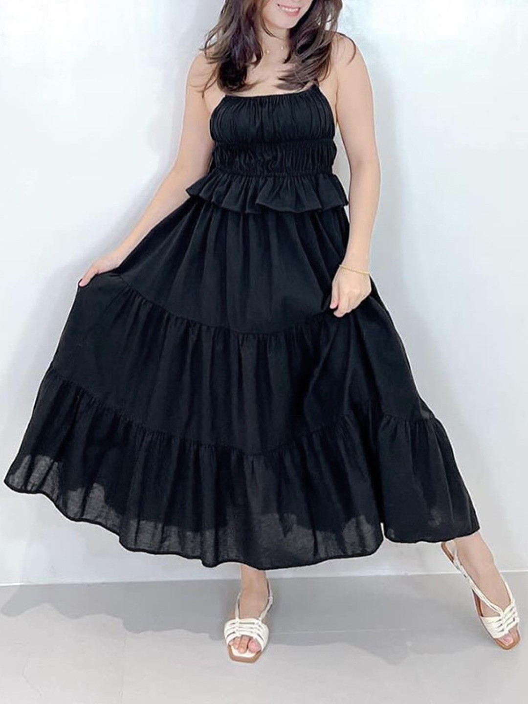 

KPOP Women Solid Shoulder Straps Fit and Flare Dress, Black