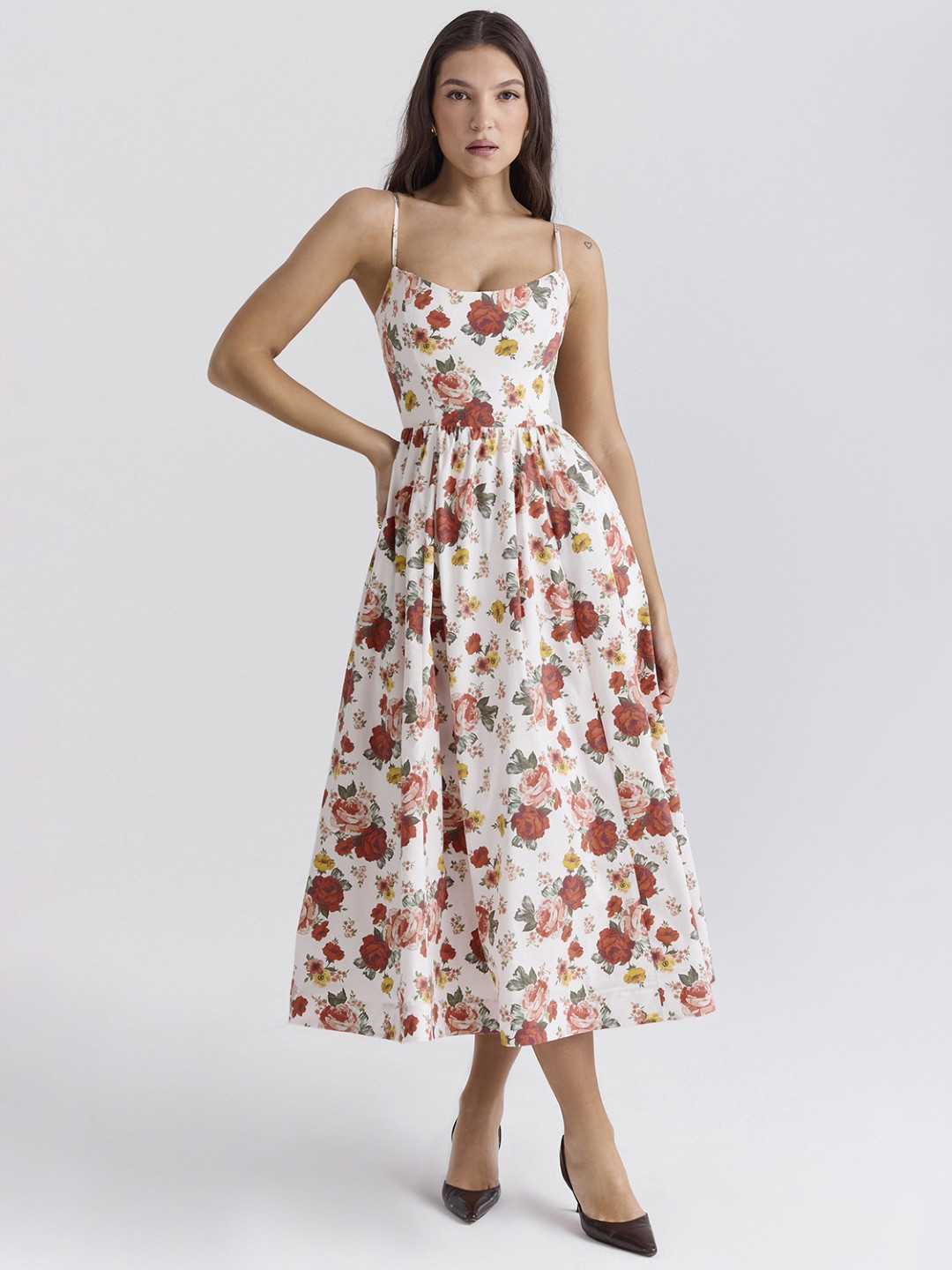 

KPOP Women Floral Shoulder Straps Sleeveless Fit & Flare Midi Dress, White