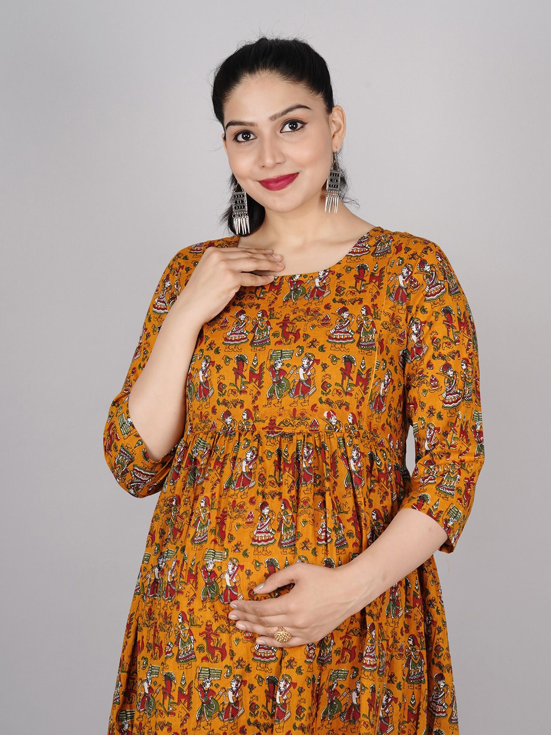 

TANISHA Women Ethnic Motifs Printed Maternity Fit & Flare Dress, Mustard