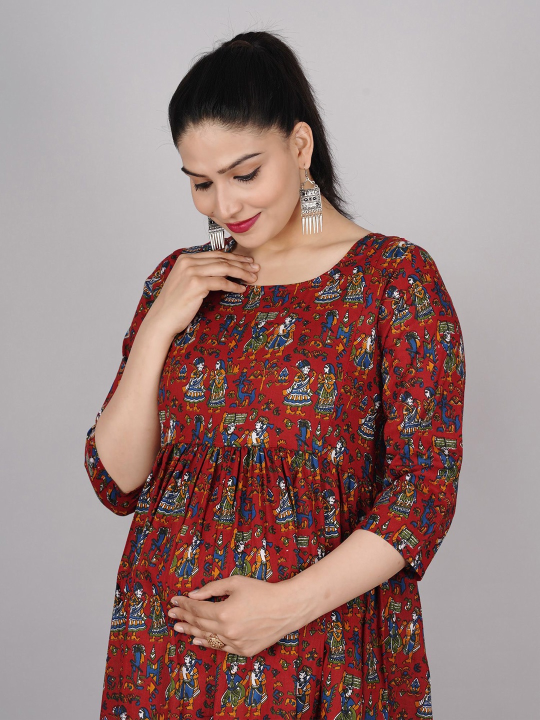 

TANISHA Ethnic Print Maternity Fit & Flare Dress, Maroon