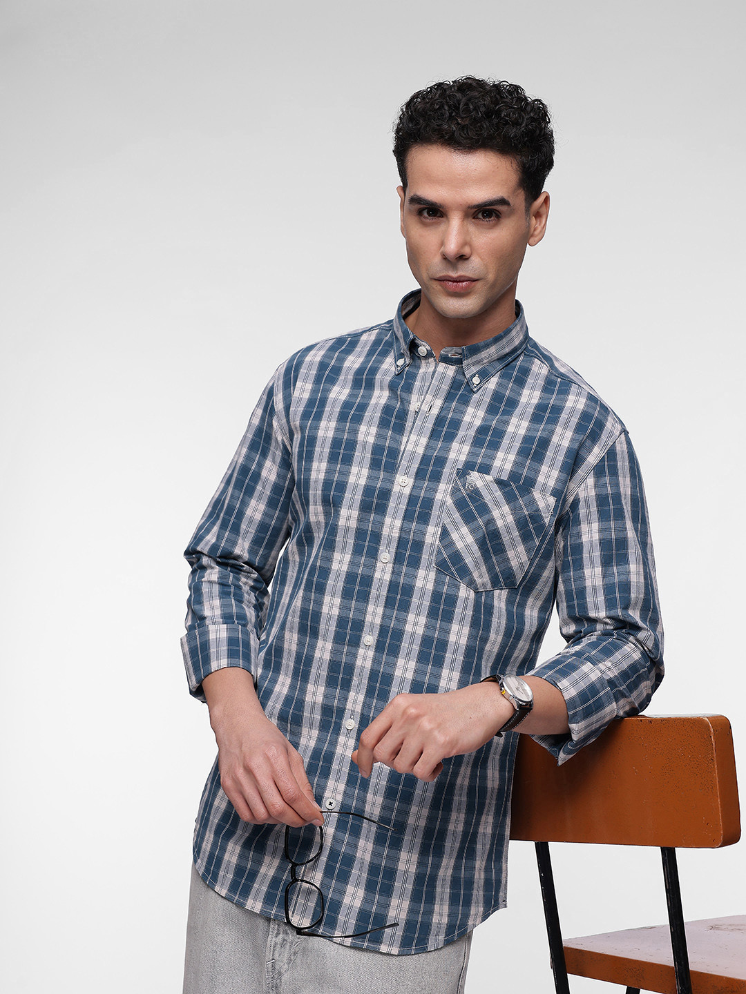 

French Connection Slim Fit Opaque Checked Pure Cotton Casual Shirt, Blue