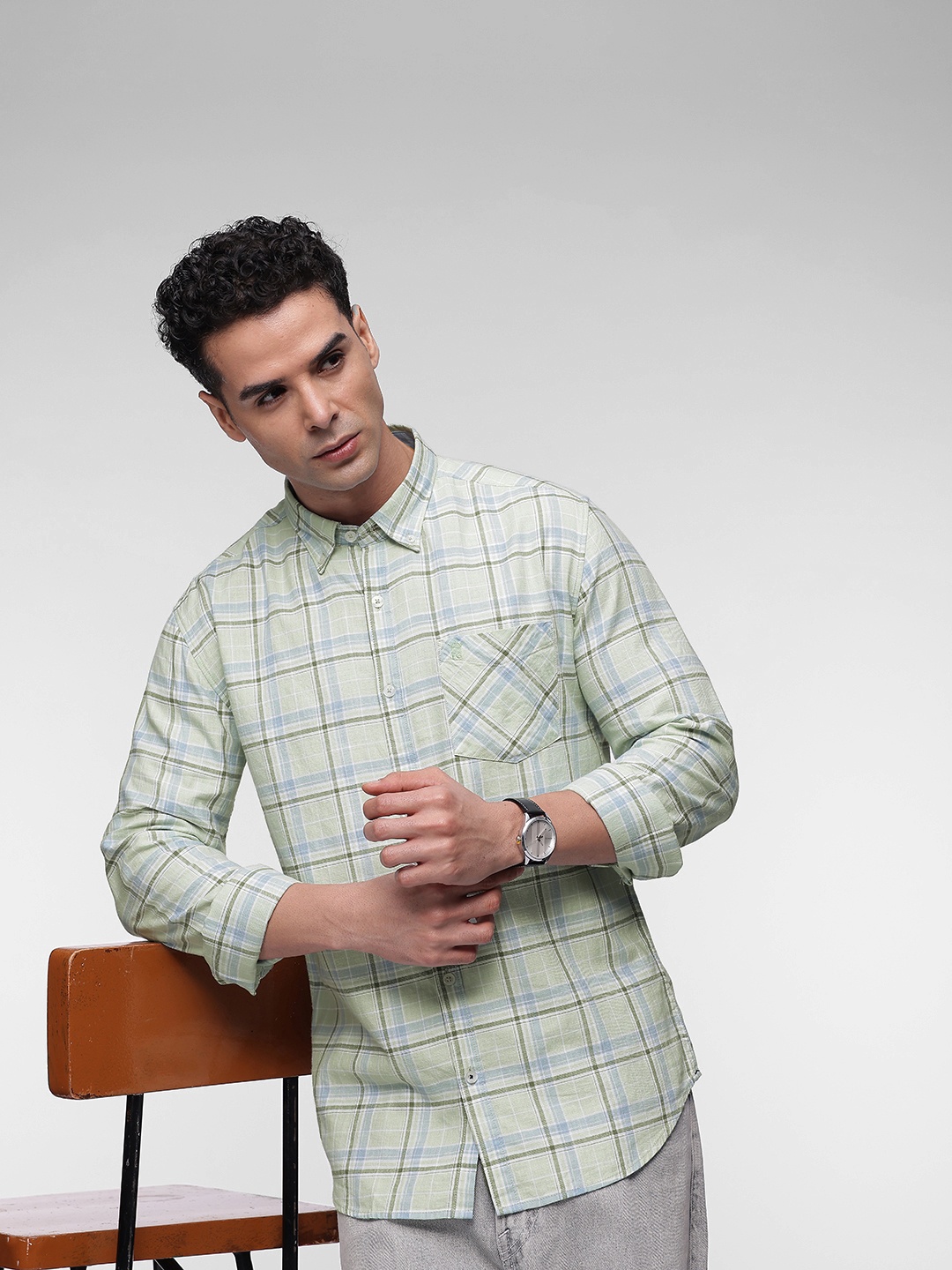 

French Connection Slim Fit Opaque Checked Pure Cotton Casual Shirt, Lime green