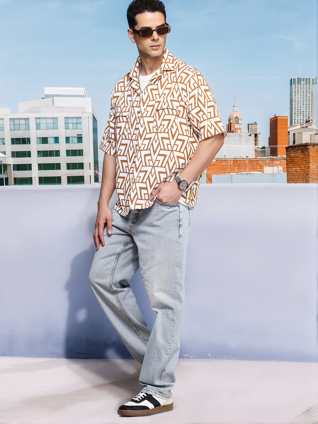 

FCUK Pure Cotton Geometric Printed Relaxed Fit Textured Casual Shirt, Mustard