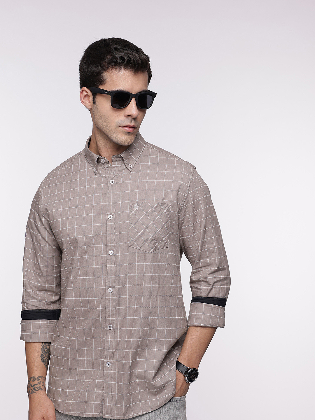 

French Connection Windowpane Checks Twill Weave Casual Shirt, Taupe