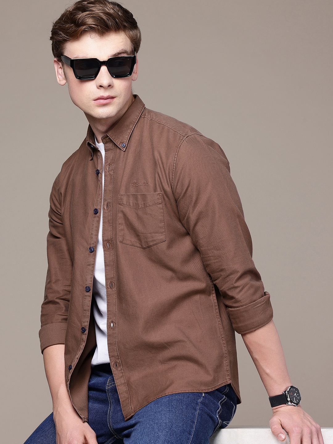 

FCUK Pure Cotton Button-Down Collar Slim Fit Casual Shirt, Brown