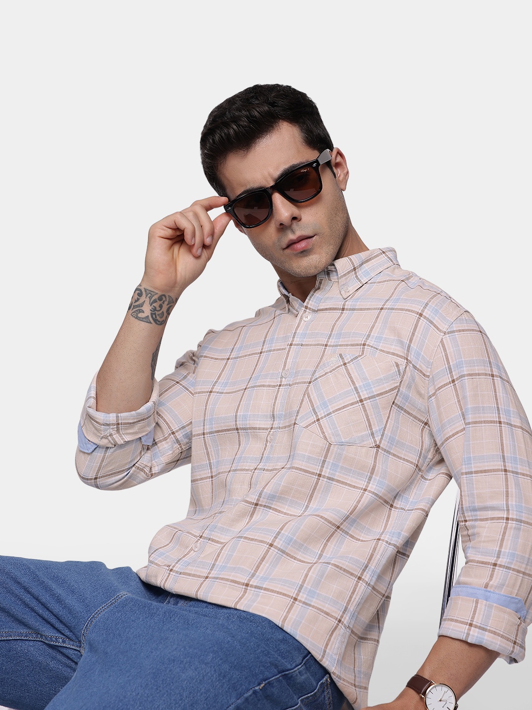 

French Connection Checked Pure Cotton Slim Fit Casual Shirt, Beige