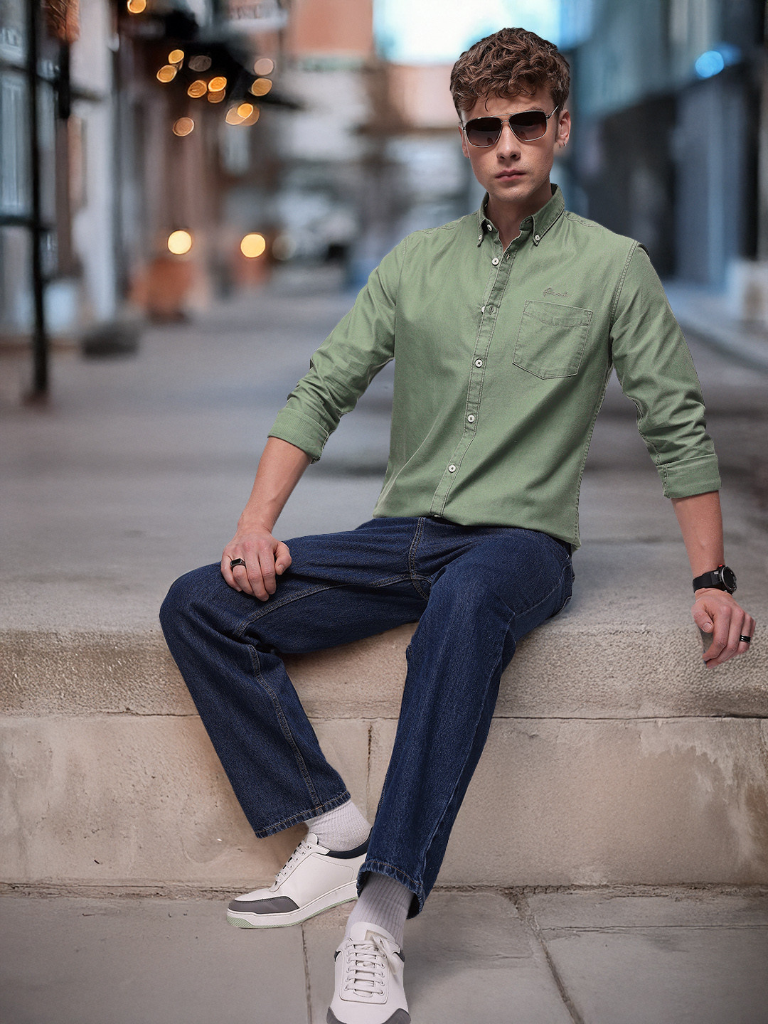 

FCUK Pure Cotton Button-Down Collar Slim Fit Casual Shirt, Green