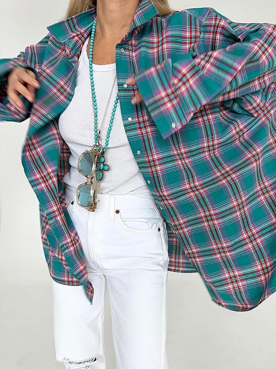 

KPOP Checked Shirt Style Top, Blue