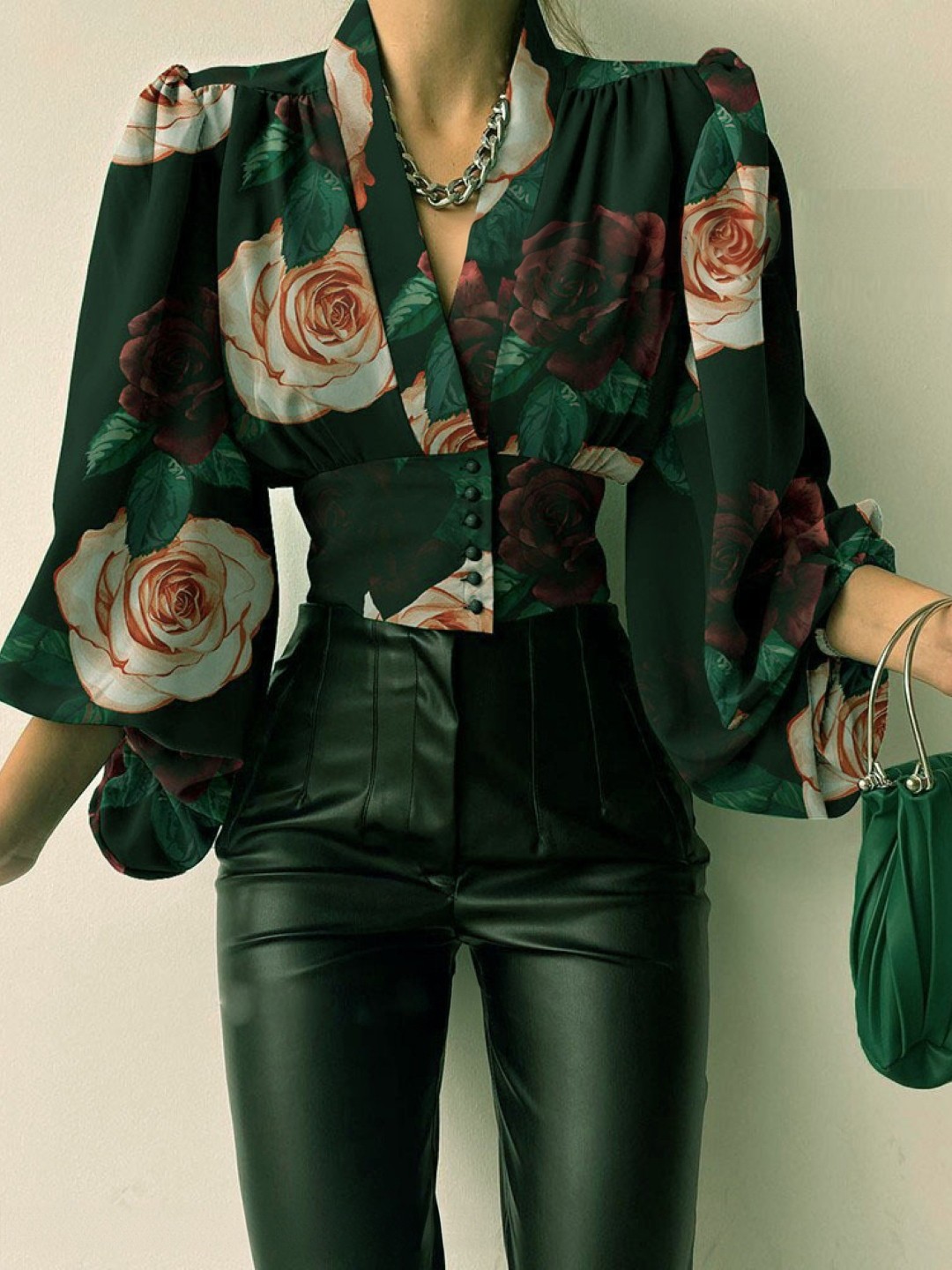 

KPOP Floral Print Puff Sleeve Crop Top, Green
