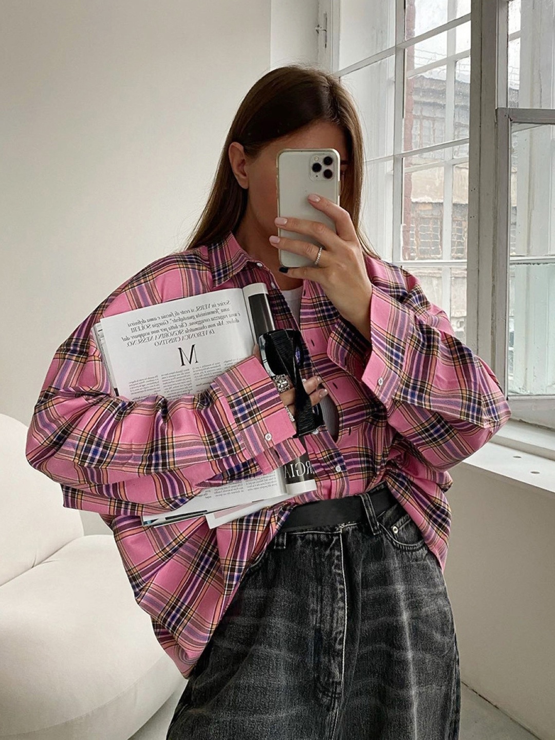 

KPOP Checked Cotton Shirt Style Longline Top, Pink