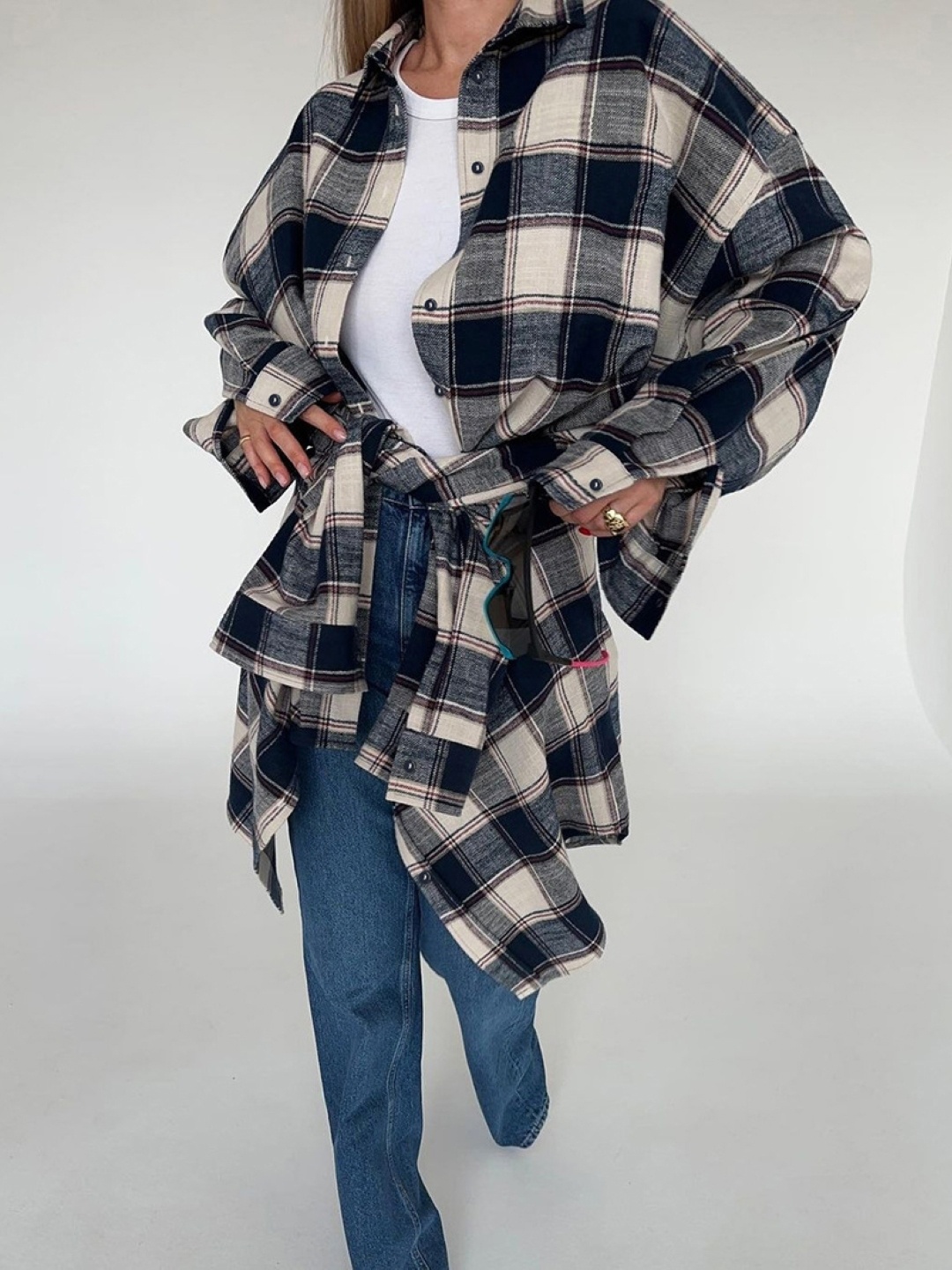 

KPOP Checked Cotton Shirt Style Top, Blue