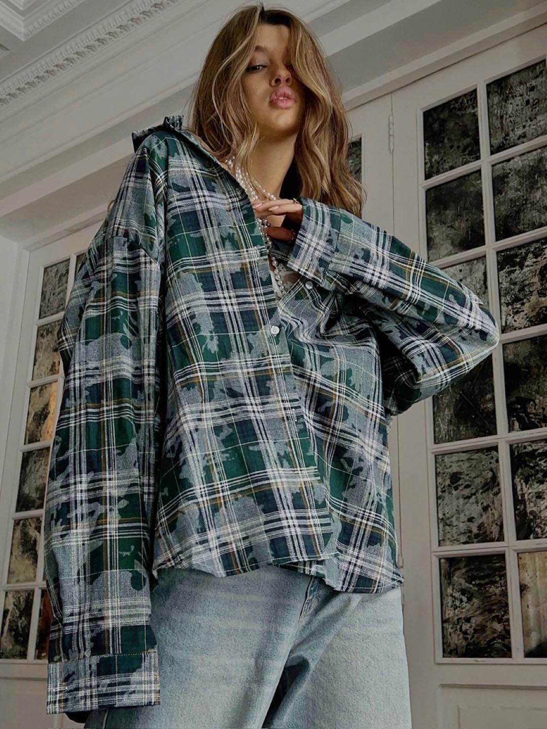 

KPOP Checked Cotton Shirt Style Top, Green