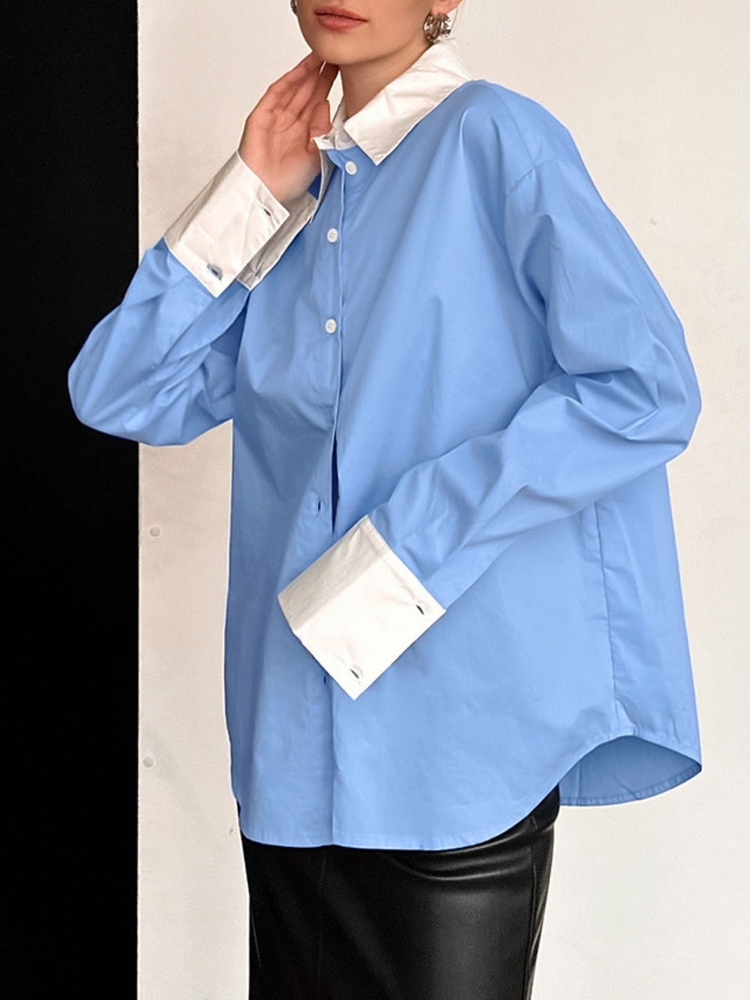 

KPOP Colourblocked Cotton Shirt Style Top, Blue