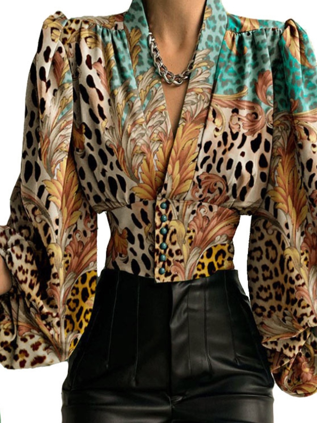 

KPOP Animal Print Puff Sleeve Crop Top, Brown