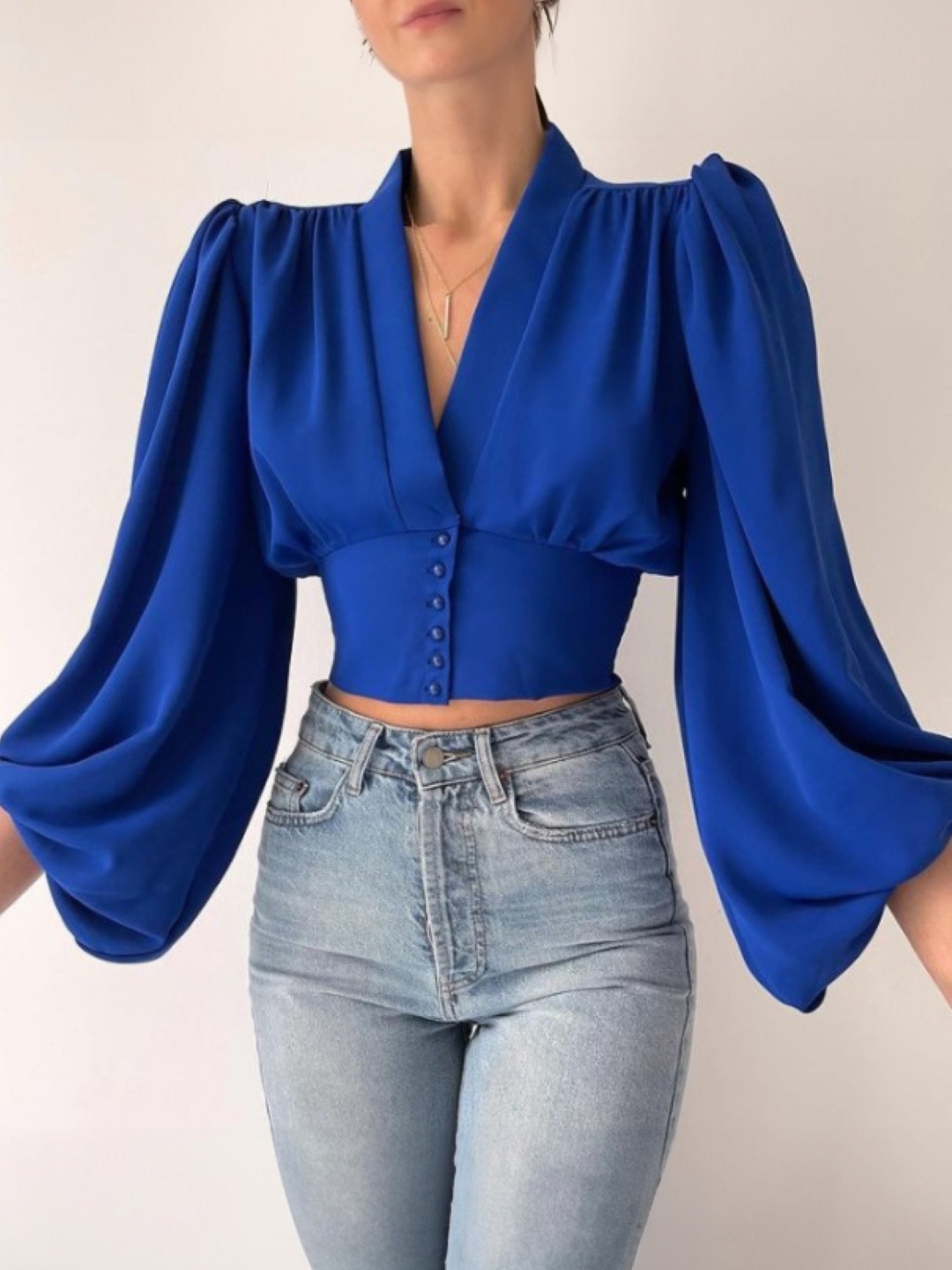 

KPOP Puff Sleeve Crop Top, Navy blue
