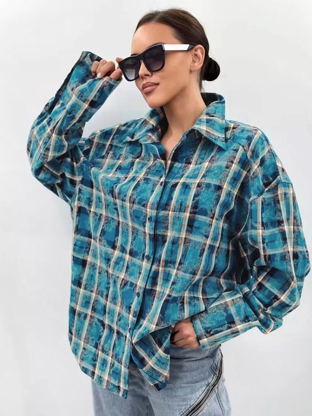 

KPOP Checked Cotton Shirt Style Top, Blue