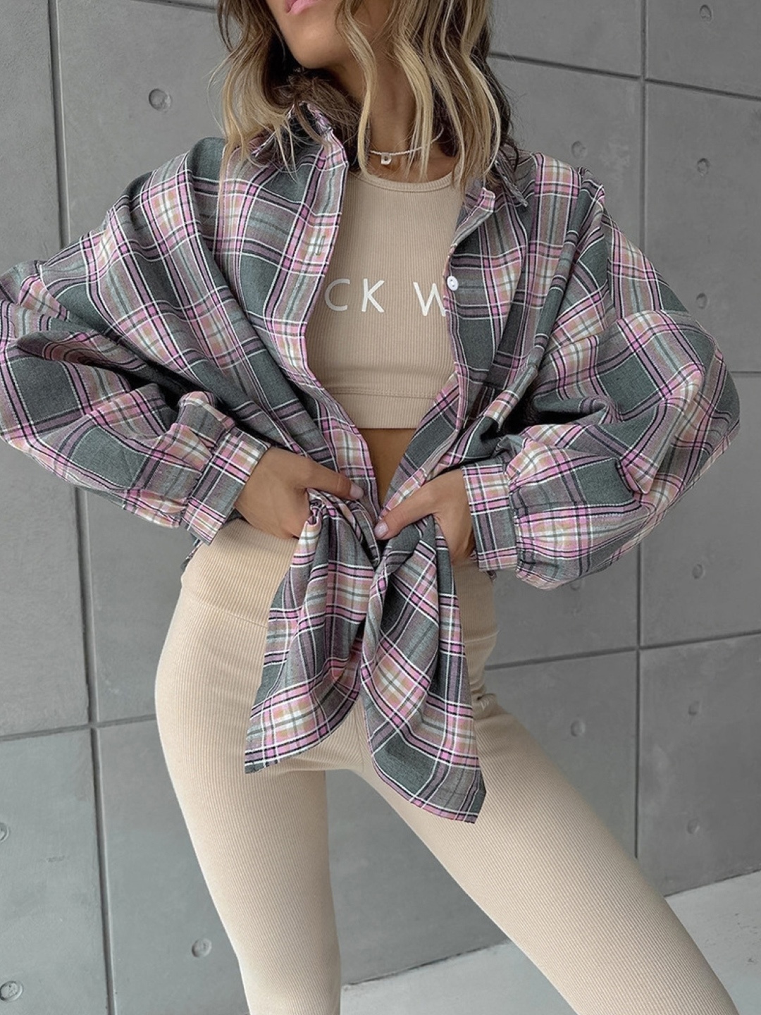 

KPOP Checked Cotton Shirt Style Top, Grey