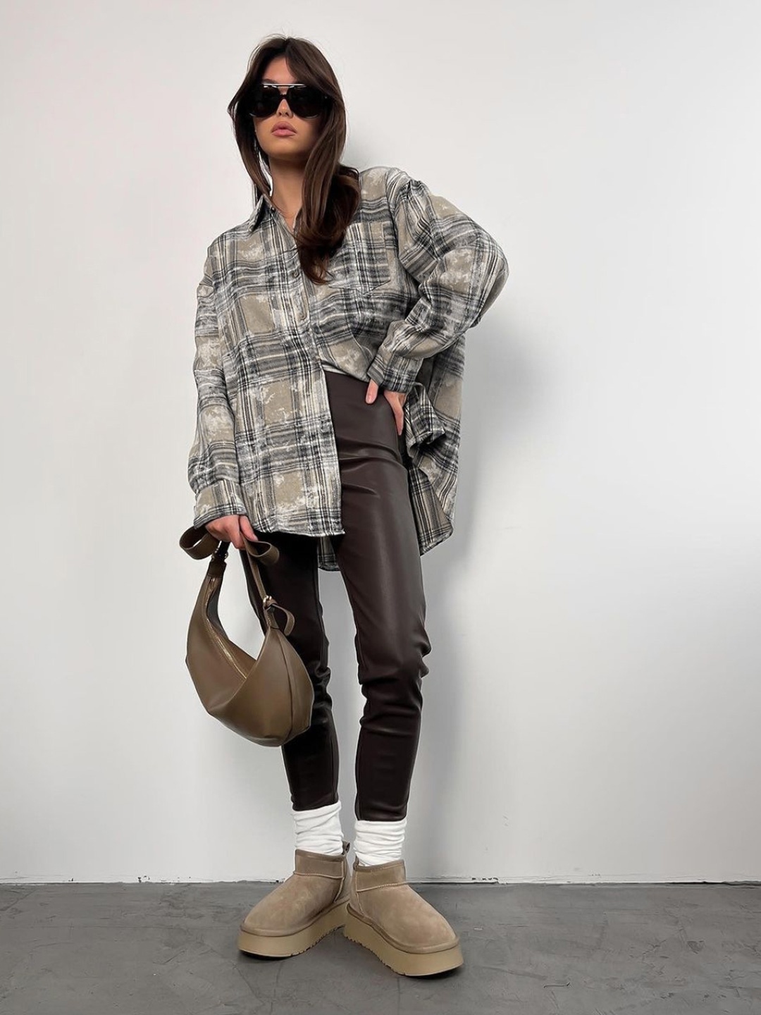 

KPOP Checked Cotton Shirt Style Top, Brown