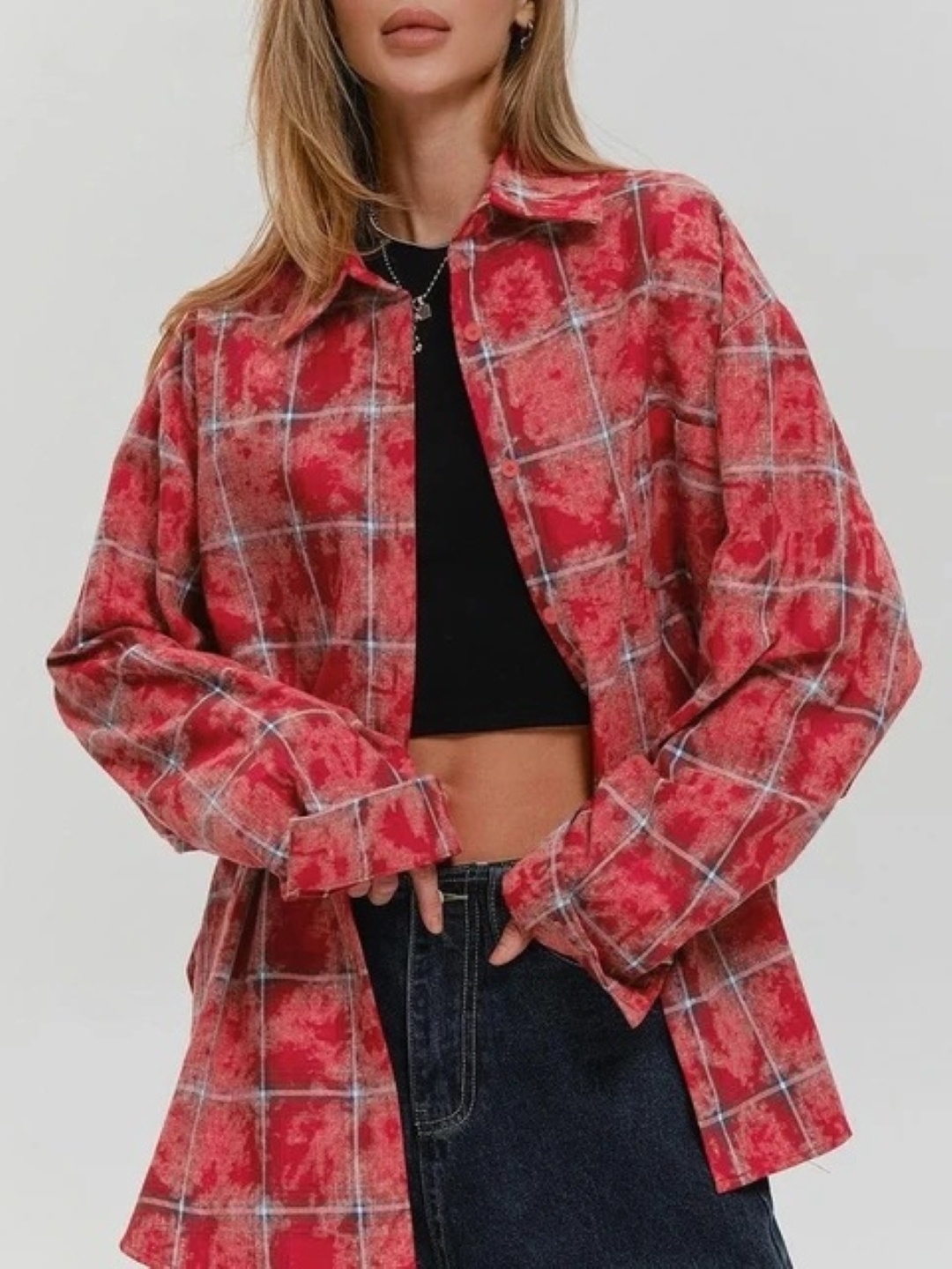 

KPOP Checked Cotton Shirt Style Top, Red