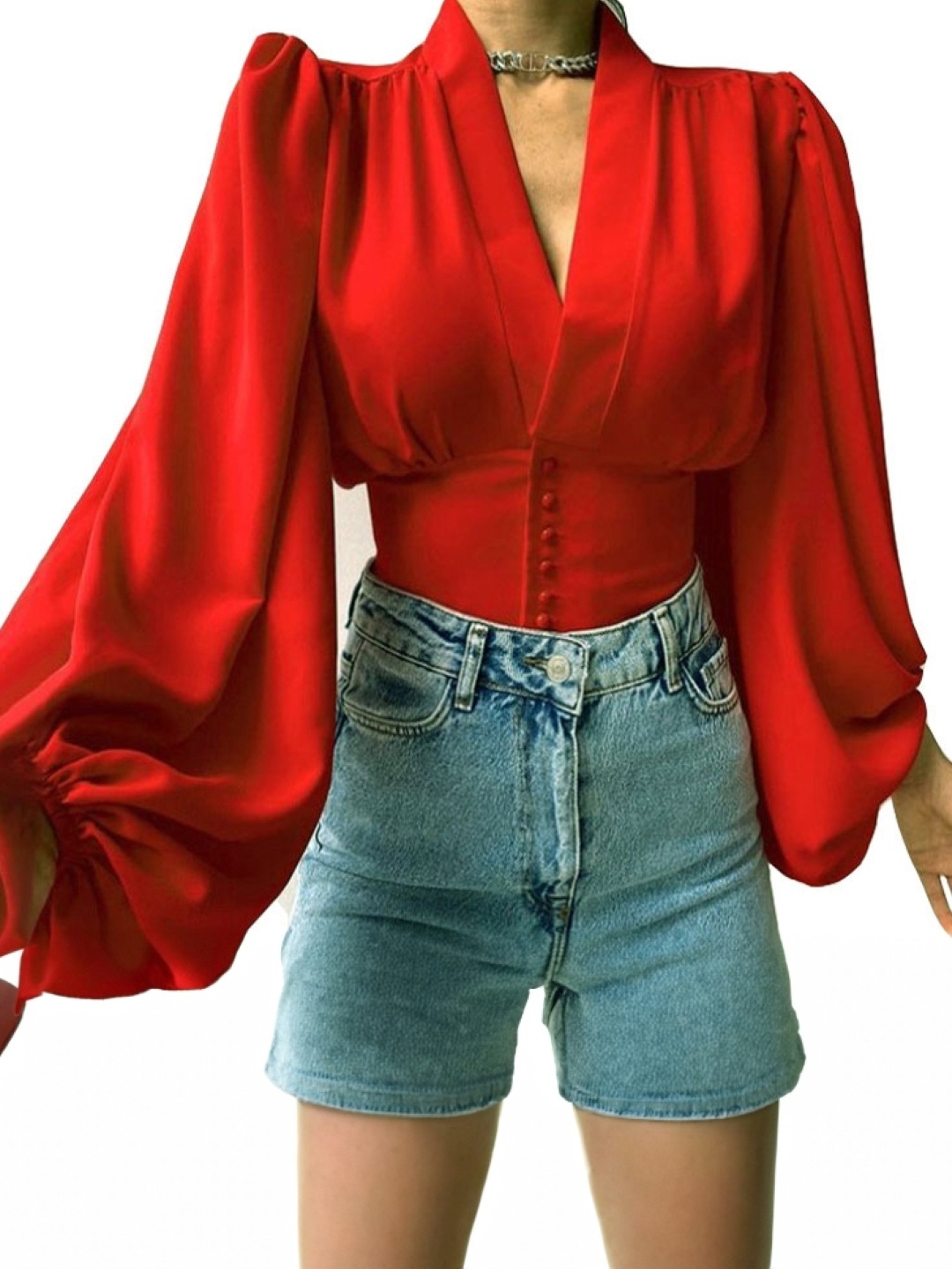 

KPOP Puff Sleeve Crop Top, Red