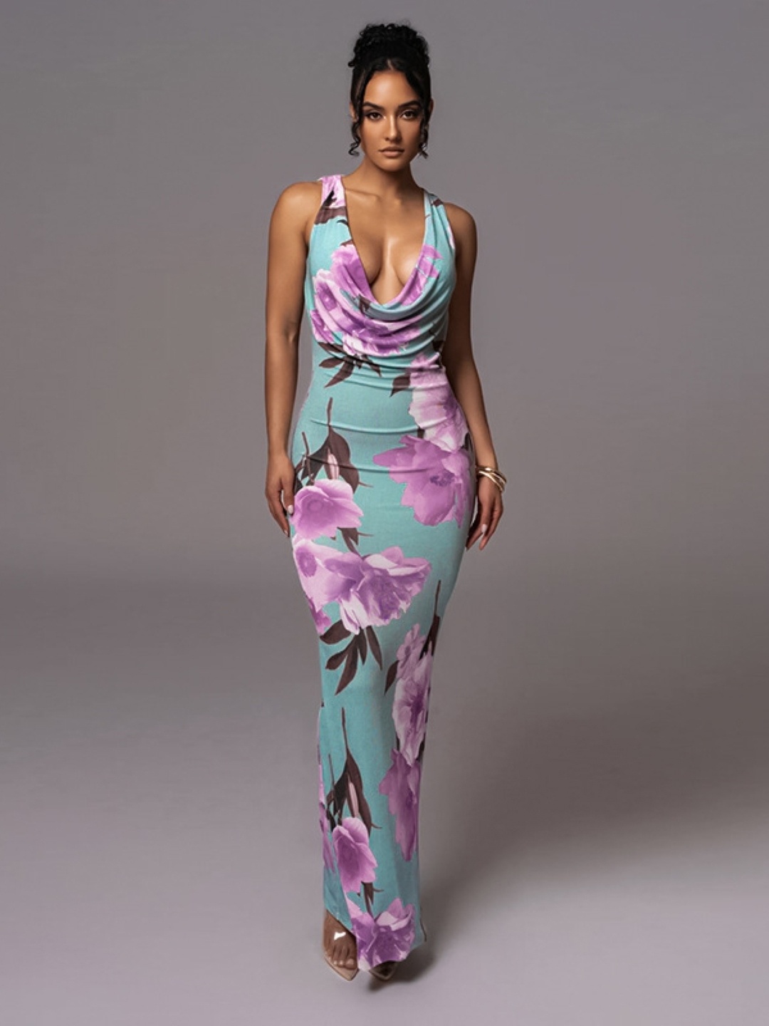 

KPOP Women Floral Sleeveless Polyester Bodycon Dress, Purple