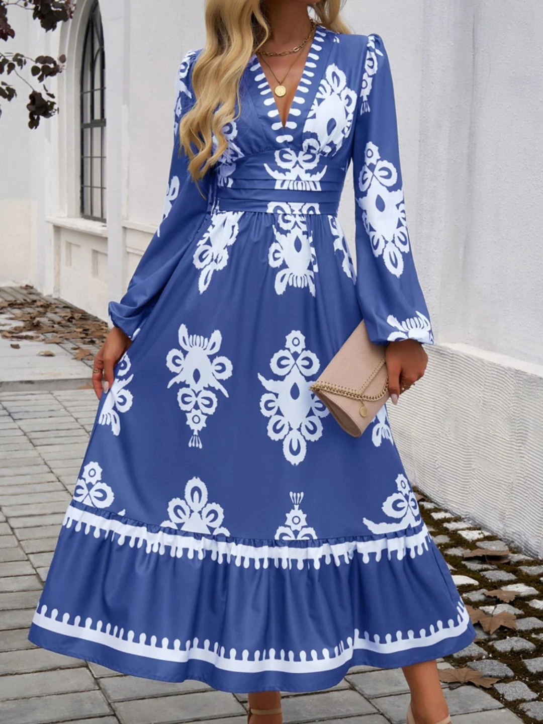 

KPOP Women Ethnic Motifs Print Puff Sleeve A-Line Midi Dress, Blue