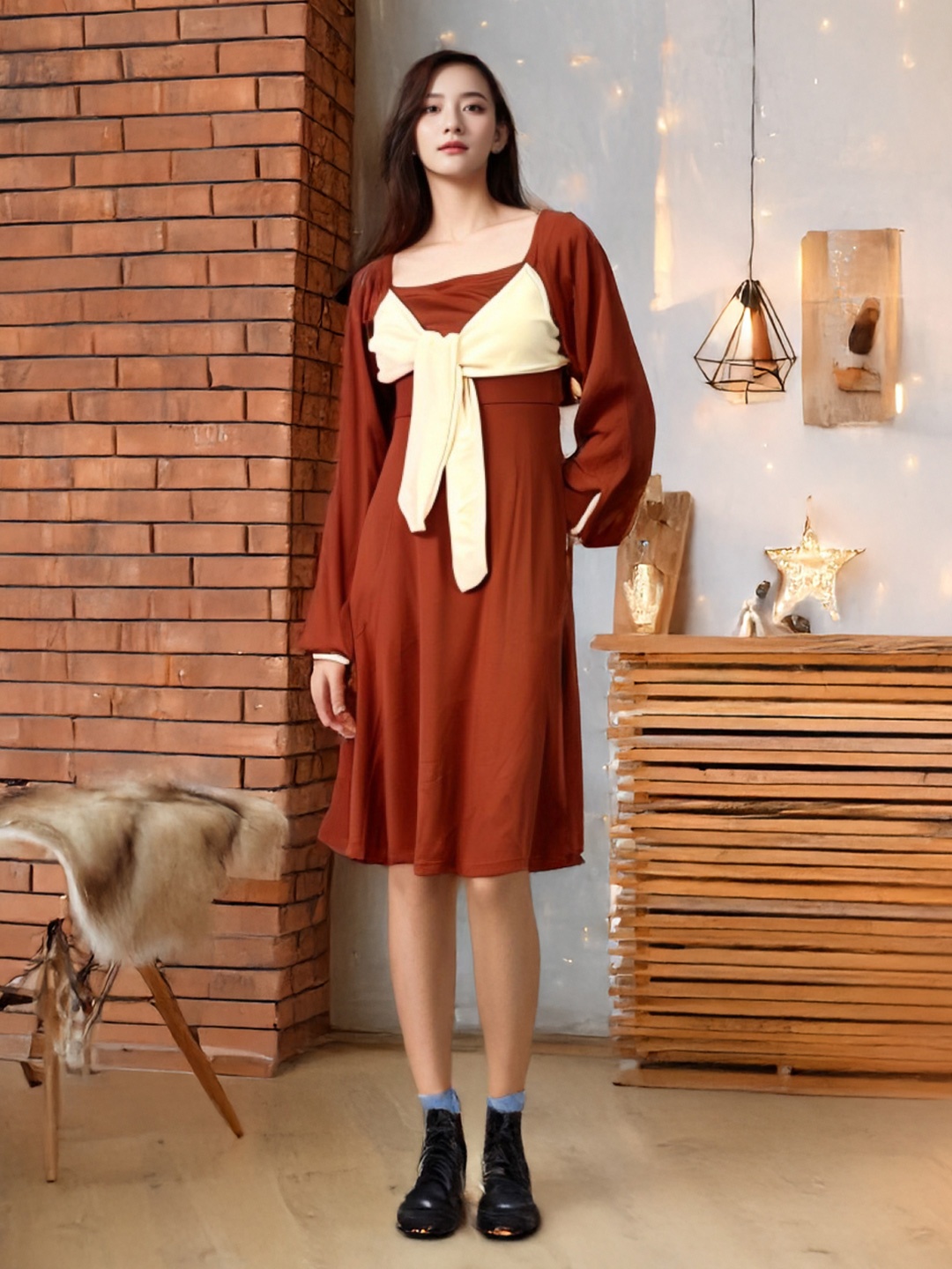 

KPOP Women Solid Puff Sleeve A-Line Midi Dress, Brown