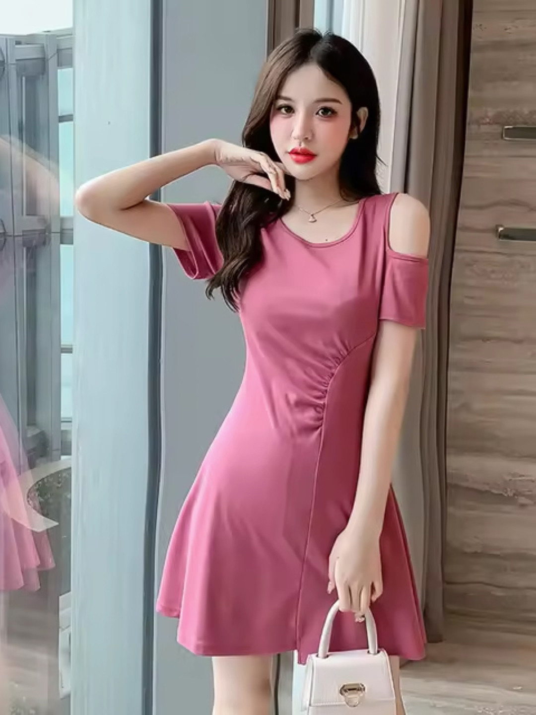 

KPOP Women Cold-Shoulder A-Line Dress, Red