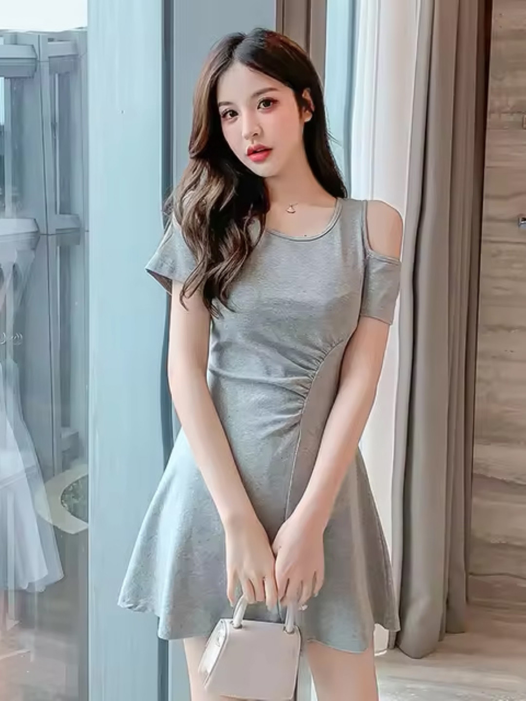 

KPOP Women Cold-Shoulder A-Line Dress, Grey