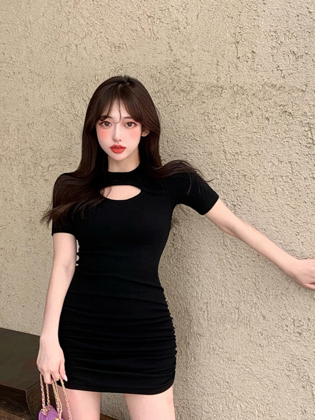 

KPOP Round Neck Solid Short Sleeves Bodycon Dress, Black