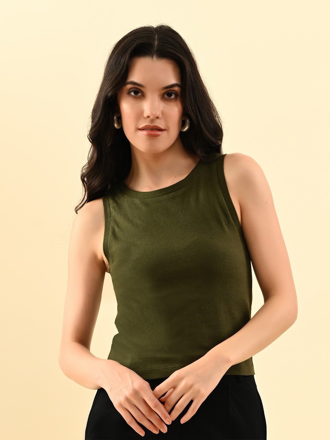 

PANDORNA Women Solid Round Neck Cotton Top, Green