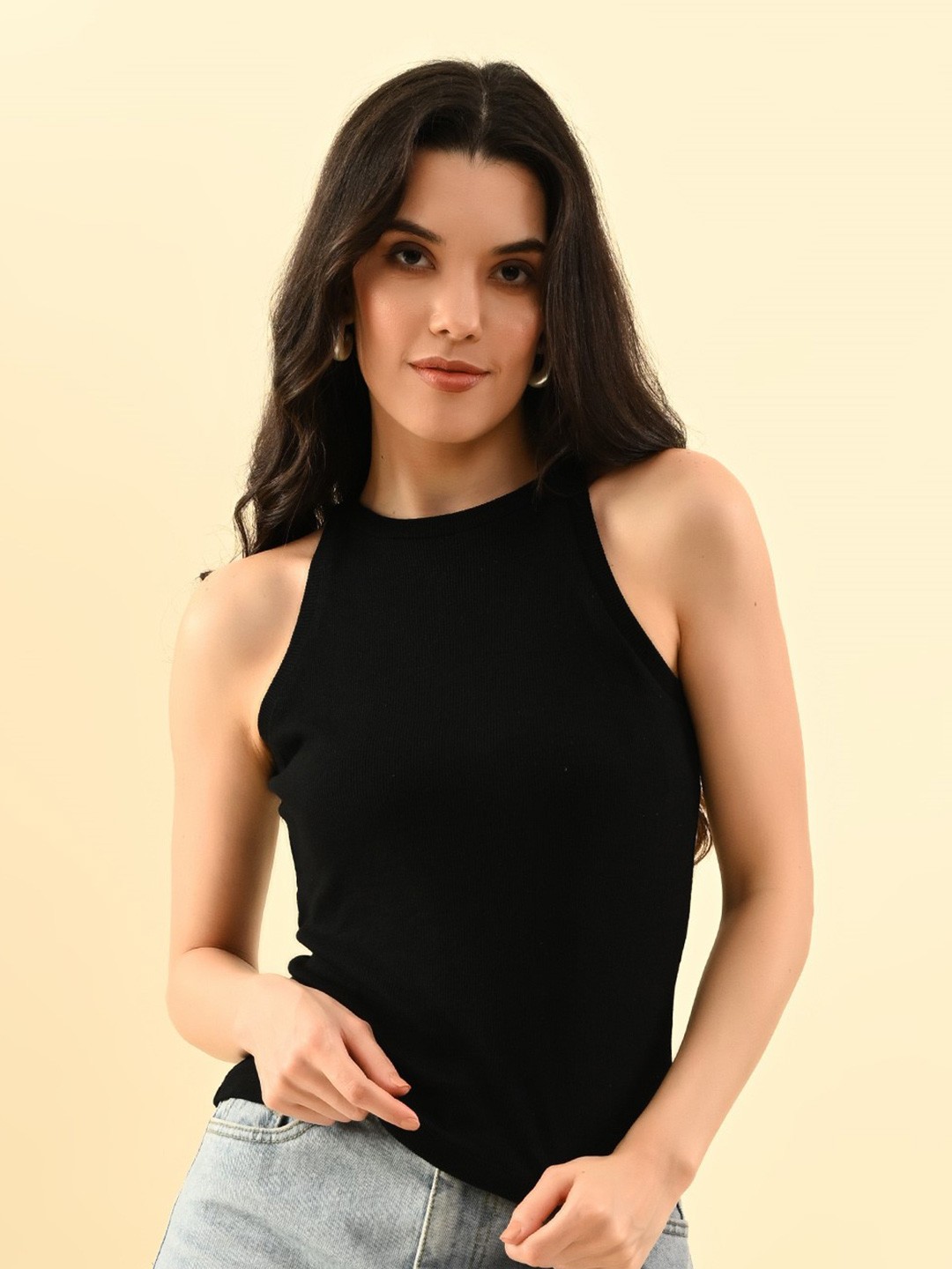 

PANDORNA Women Solid Round Neck Nylon Top, Black
