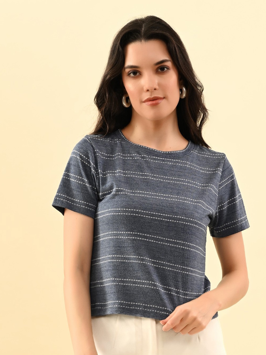 

PANDORNA Women Horizontal Striped Round Neck Cotton Top, Blue