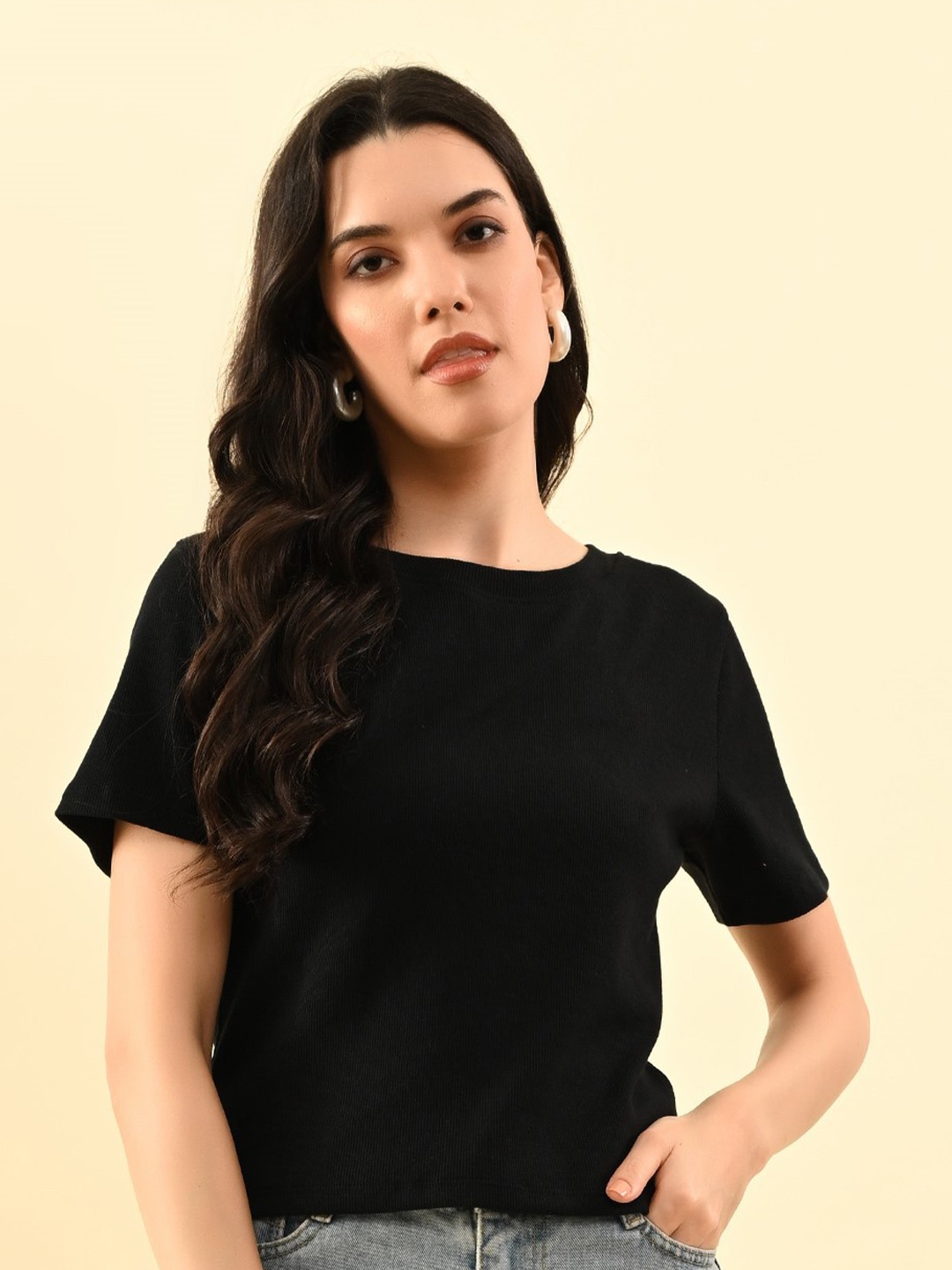 

PANDORNA Women Solid Round Neck Nylon Top, Black
