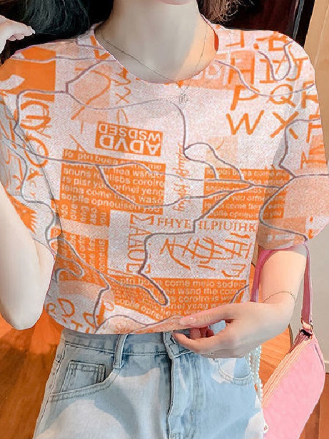 

KPOP Women Abstract Printed T-shirt, Orange
