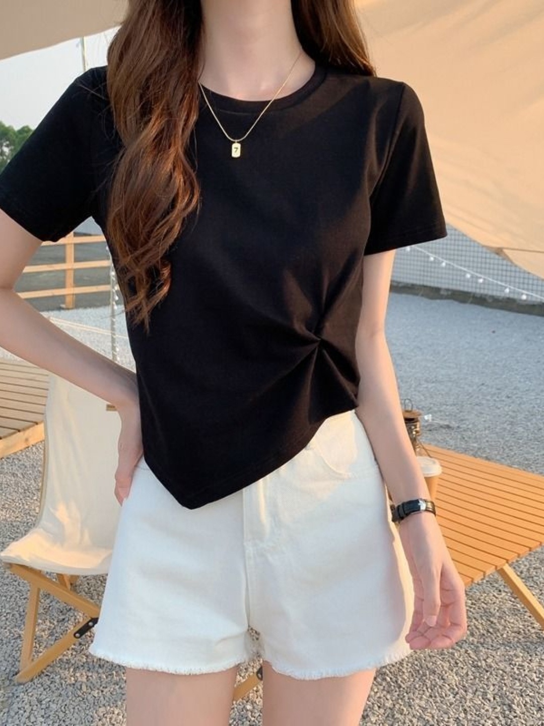 

KPOP Women Solid Round Neck T-shirt, Black