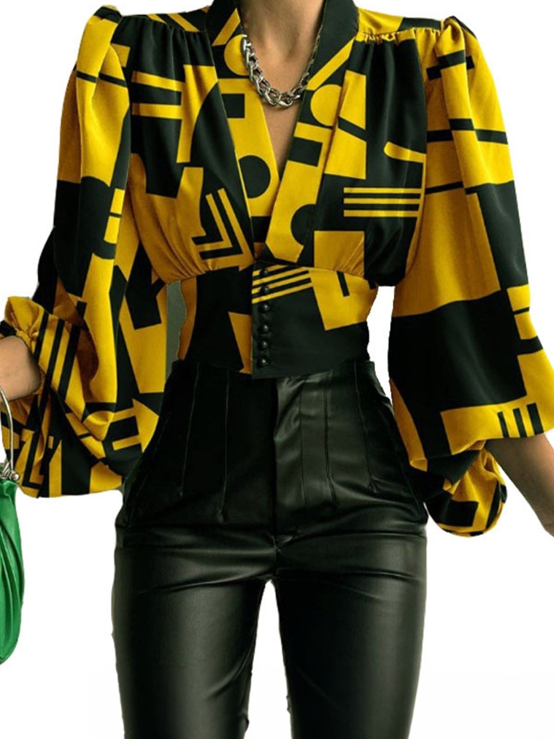 

KPOP Geometric Print Puff Sleeve Crop Top, Yellow