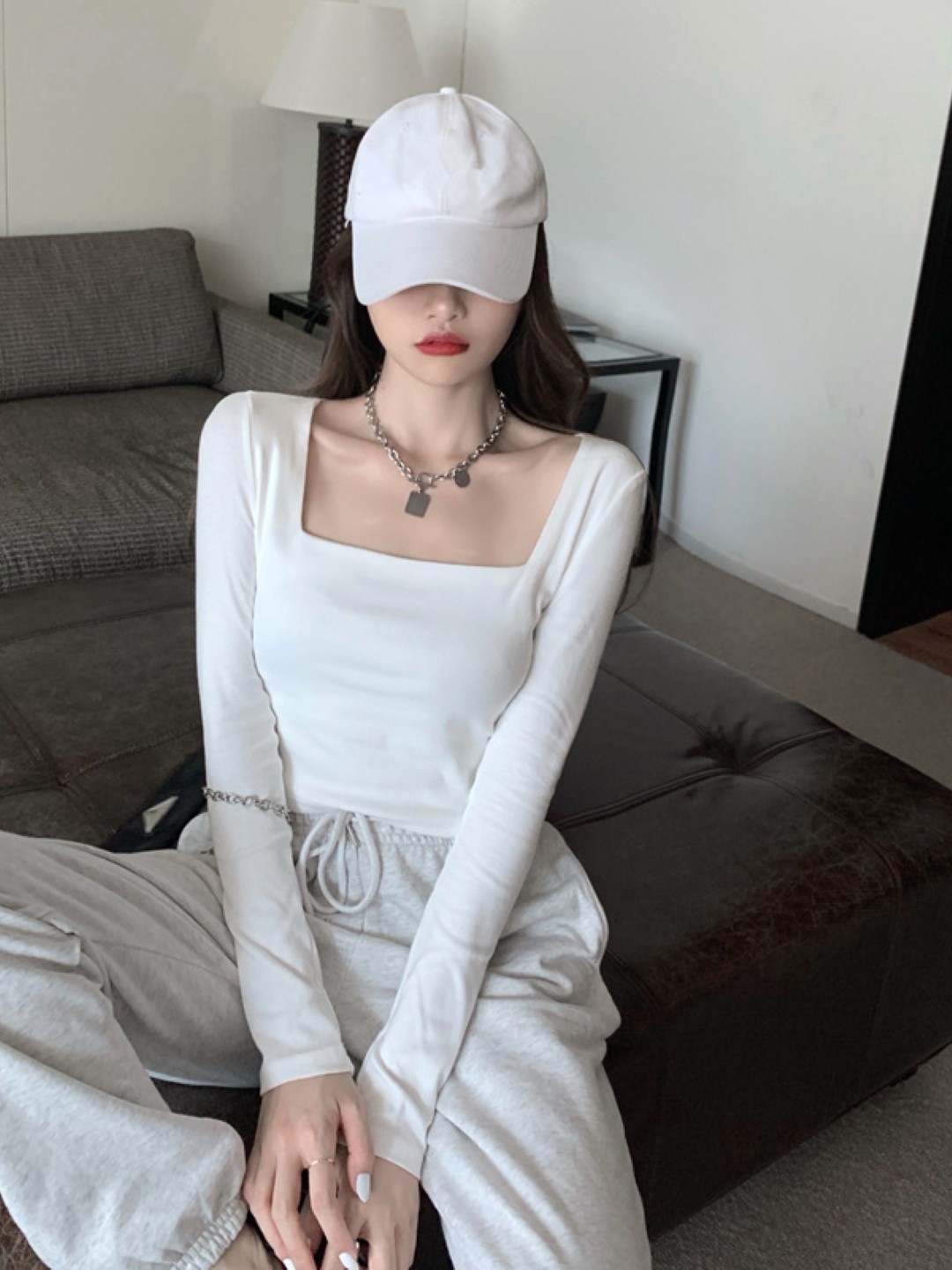 

KPOP Women Square Neck Long Sleeves Crop Top, White