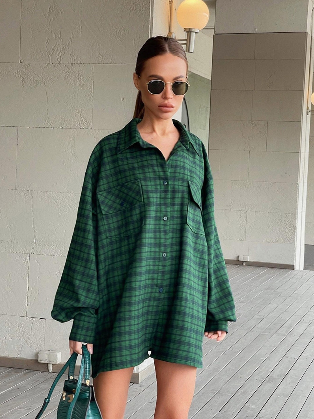 

KPOP Checked Cotton Shirt Style Longline Top, Green