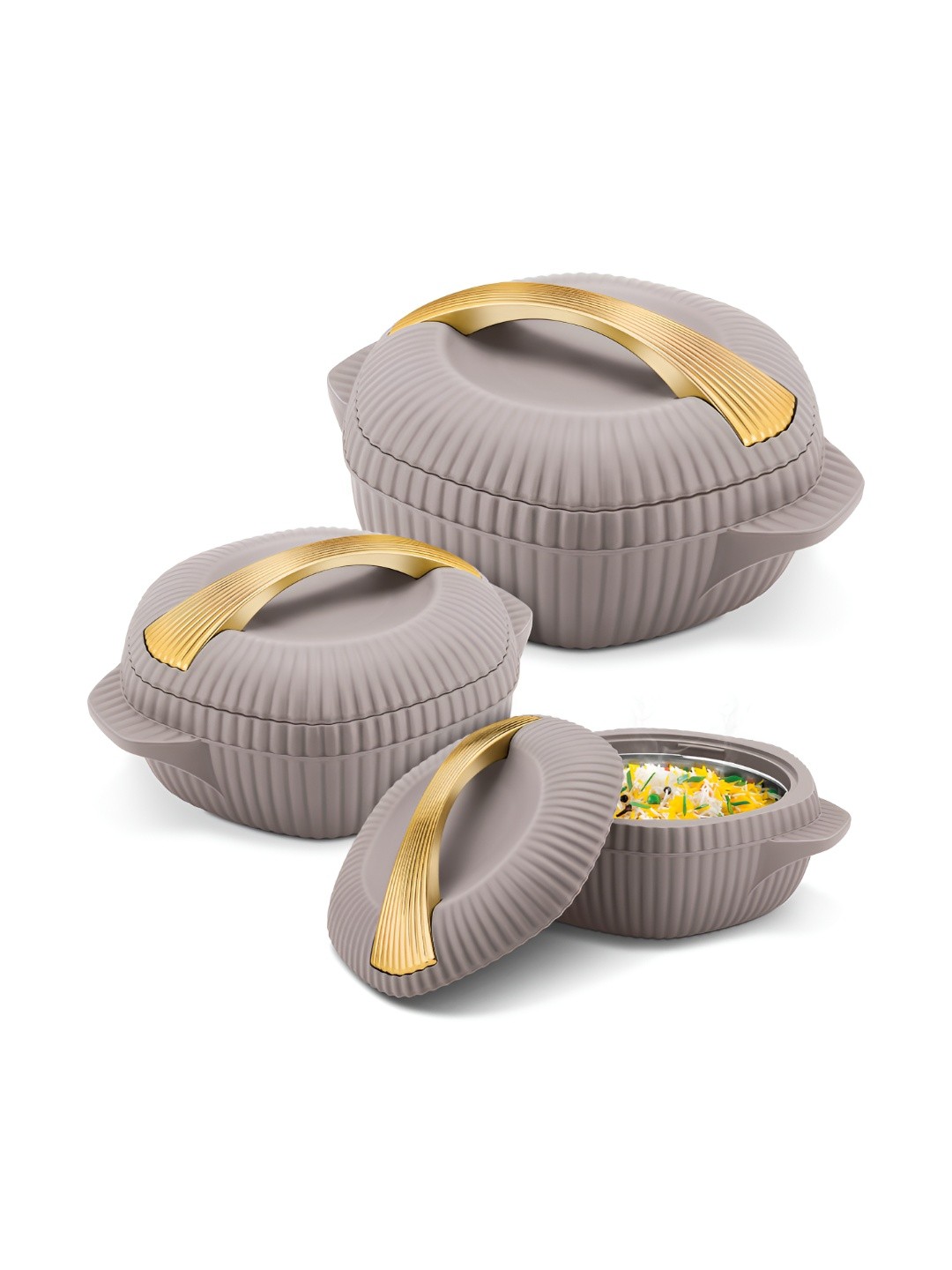 

Milton Oyster Jr. Taupe & Gold Toned 3 Pieces Textured Stainless Steel Casserole